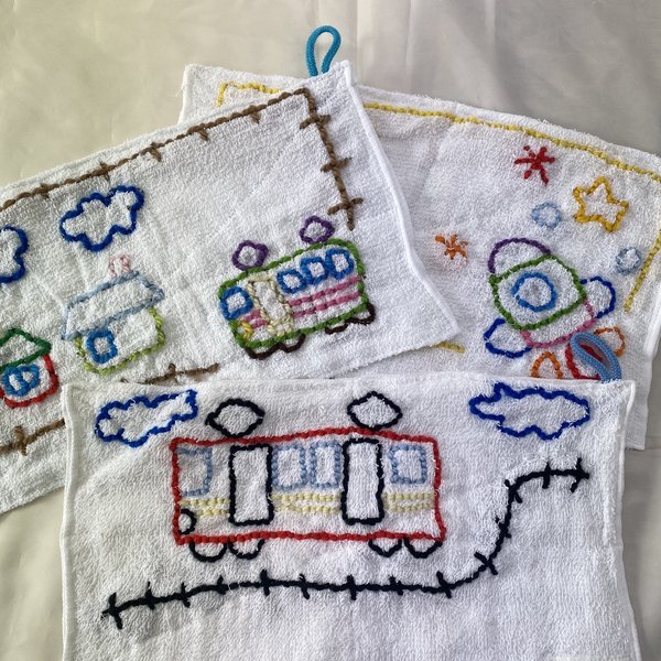 1. 刺繍雑巾 可愛い乗り物セット - KUSUNOKI 0420'S GALLERY 1. 刺繍雑巾 可愛い乗り物セット - KUSUNOKI 0420'S GALLERY