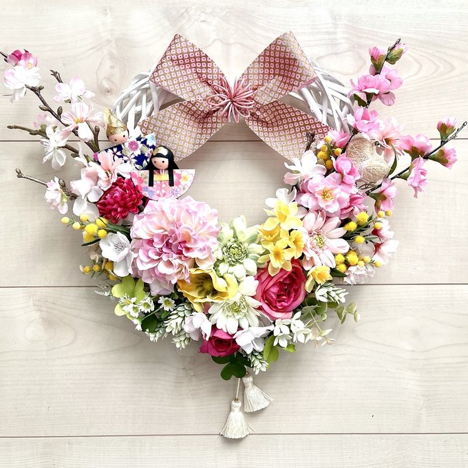 No.wreath-15423★ひな祭りリース22-(5) ハート型和紙お雛さま 33x43cm・アートフラワー/造花リース/ハート型リース