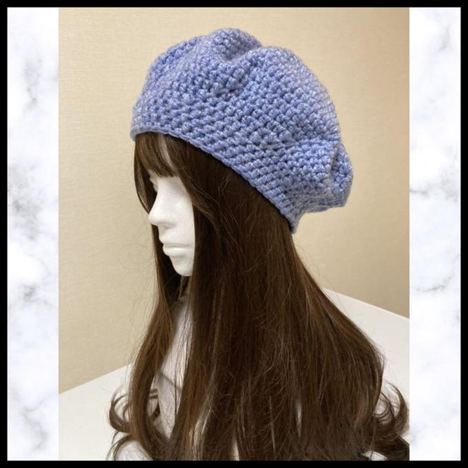 ニット帽 スカイブルー 手編み 男女兼用 ベレー帽 ハンドメイド