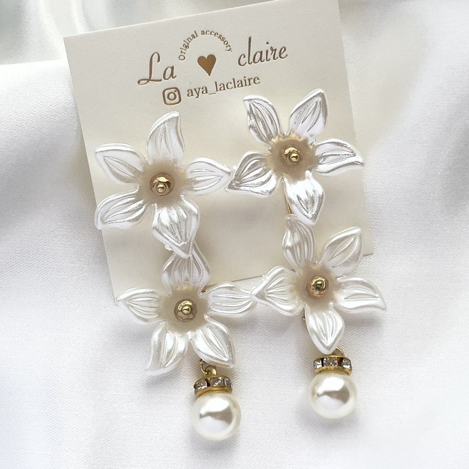 ウェディング アクセサリー パール フラワー イヤリング、ピアス ハンドメイド