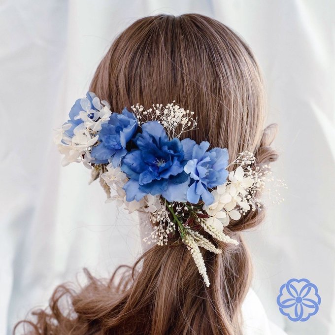 ブルー系フラワーのヘッドドレス 青 髪かざり ウェディングヘア 成人式
