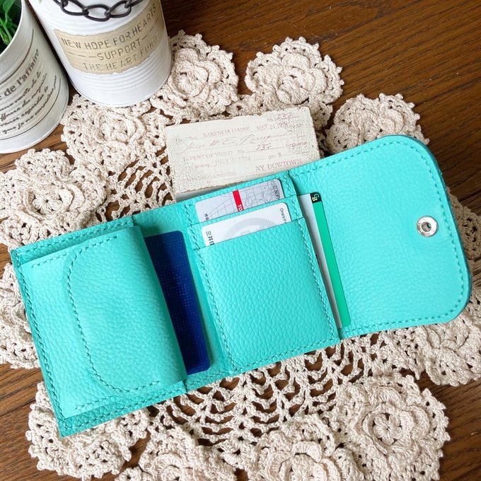 ◇受注生産◇ 牛革ティファニーブルー 三つ折り財布 コンパクト ◇受注生産◇ 牛革ティファニーブルー 三つ折り財布 コンパクト