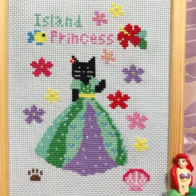 【図案】クロスステッチ図案　Island Princess アイランドプリンセス　黒猫　海　花　ハイビスカス　魚　貝　肉球　刺繍