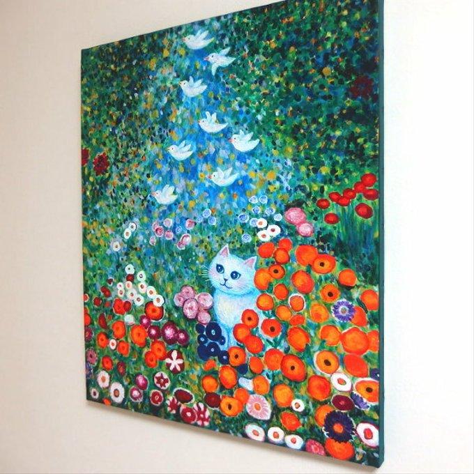 原画 「ねこと小鳥のフラワーガーデン(クリムトへのオマージュ 原画 「ねこと小鳥のフラワーガーデン(クリムトへのオマージュ