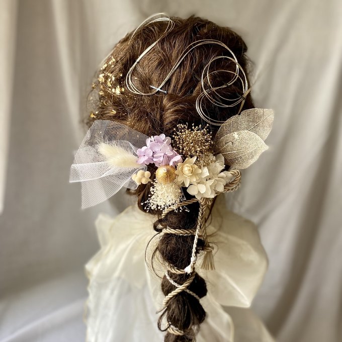 成人式 振袖 前撮り 髪飾り 金箔＆水引付き 紫陽花とプリザーブド