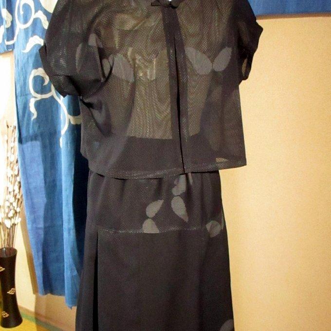 着物リメイク●藍染 古布 鯉の絵絣 雪ん子●半袖 セットアップ●ハンドメイド