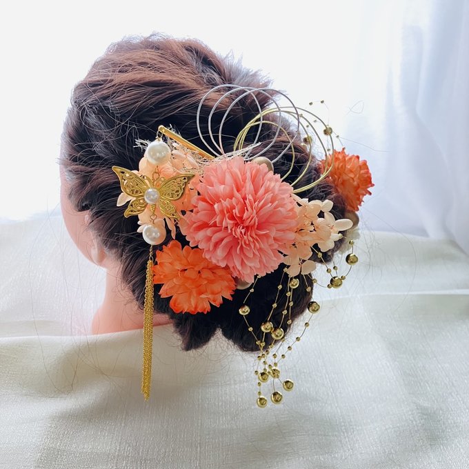 成人式髪飾り プリザーブドフラワー紫陽花ジュリアオレンジ 結婚式卒業