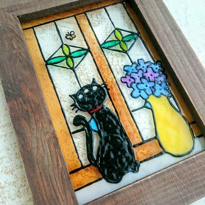 猫とお花の風鈴　ステンドグラス風