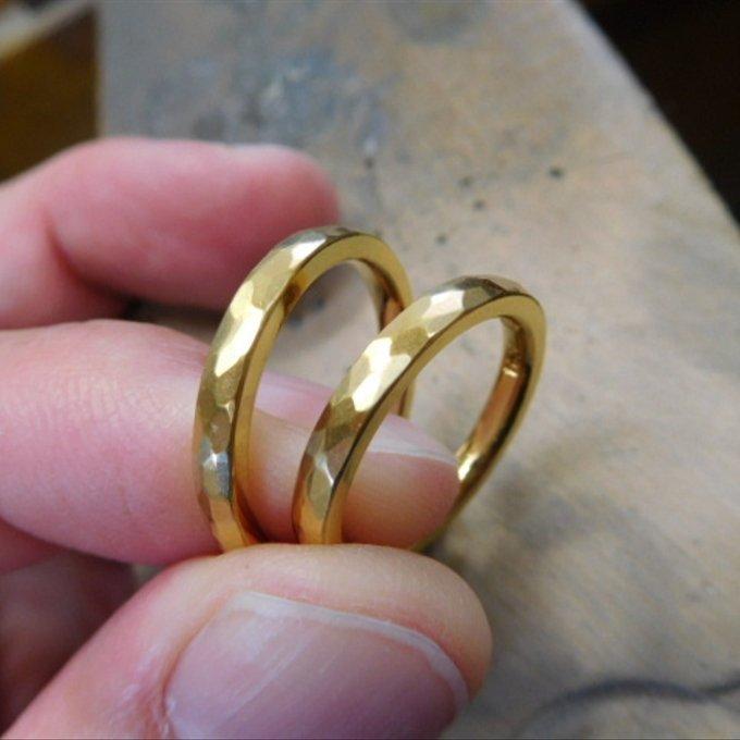 結婚祝い ペアリング 結婚指輪 ×純金 k24 鍛造くすみ加工 華奢で細い