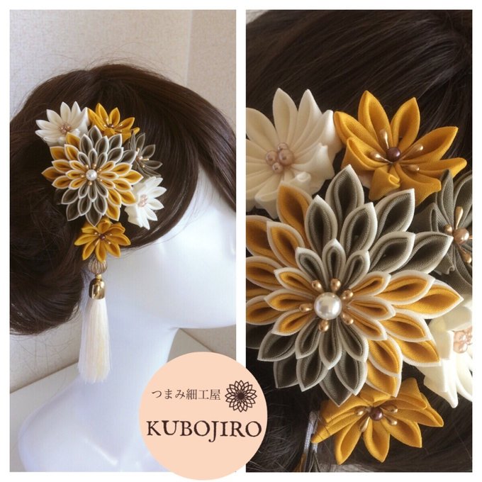 つまみ細工ダリア髪飾り✴︎イエロー×グリーン×ホワイト つまみ細工ダリア髪飾り✴︎イエロー×グリーン×ホワイト
