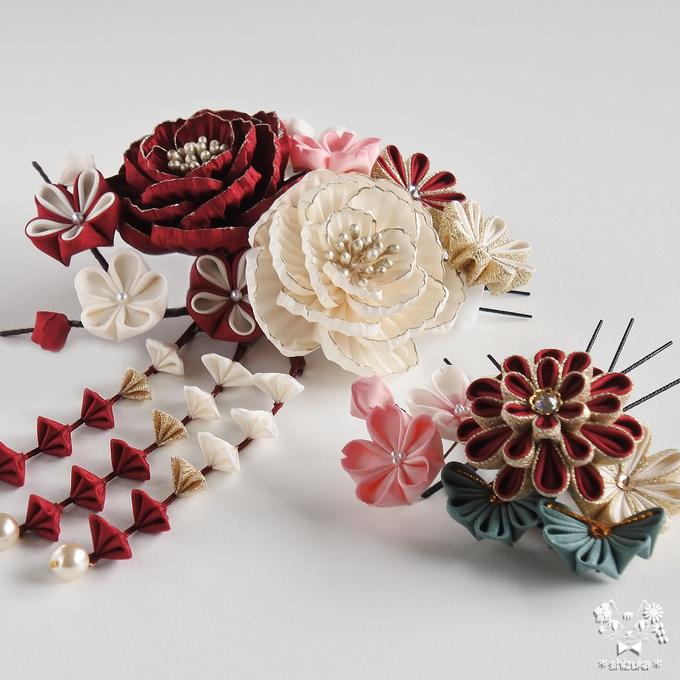牡丹の花宴✤Uピン11本セット ⊰紅白⊱ つまみ細工 髪飾り 結婚 牡丹の花宴✤Uピン11本セット ⊰紅白⊱ つまみ細工 髪飾り 結婚