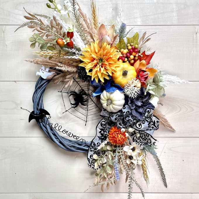 No.wreath-15469★ハロウィンリース22-(6) クモの巣&パンパス&パンプキン　 60x40cm・アーティフィシャルフラワー/造花リース/ハロウィンリース/大型リース