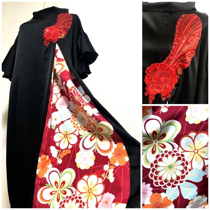 振袖着物リメイク 和柄 ワンピースドレス 黒×華やか赤 花モチーフ 