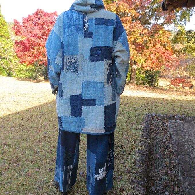 古布リメイク 藍染らんるミニフード付きジャケット 襤褸 刺し子 古布リメイク 藍染らんるミニフード付きジャケット 襤褸 刺し子