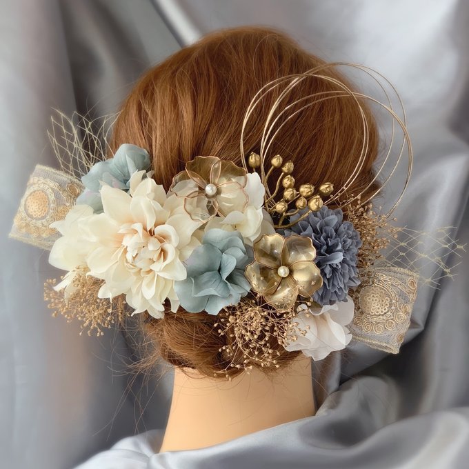 💙新作💙】青✖️刺繍リボンの髪飾り 成人式 成人式前撮り 結婚式 髪