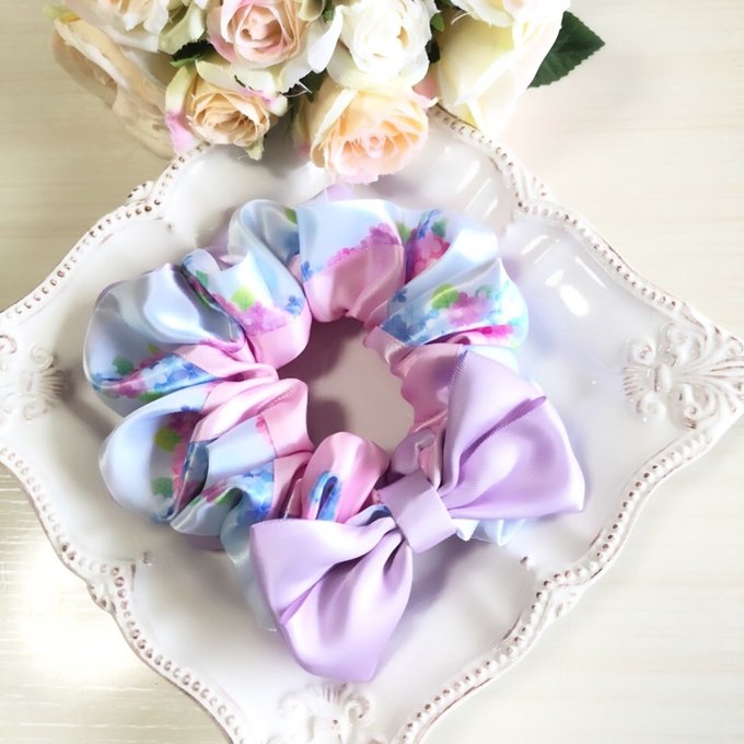 3色リボンのボリュームシュシュ 紫陽花