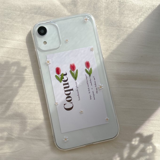 チューリップとお花パールのスマホケース 押し花 iPhoneケース チューリップとお花パールのスマホケース 押し花 iPhoneケース