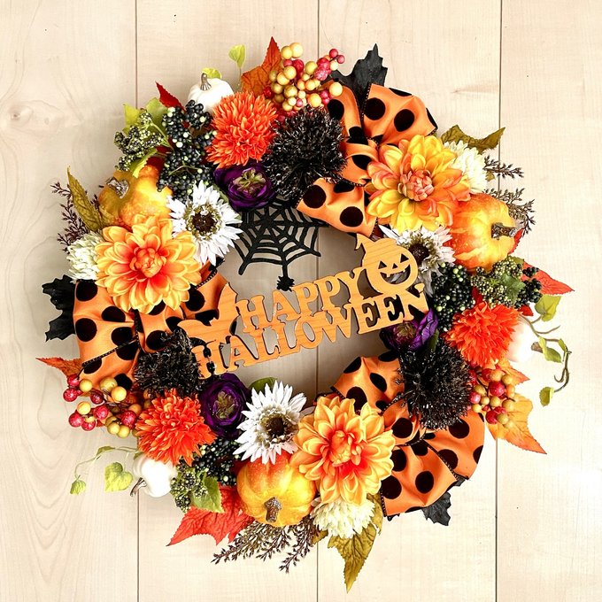 No.wreath-15485★ハロウィンリース22-(22) クモの巣&ハロウィンプレート　 40cm・アーティフィシャルフラワー/造花リース/秋のリース/ハロウィンリース/大型リース