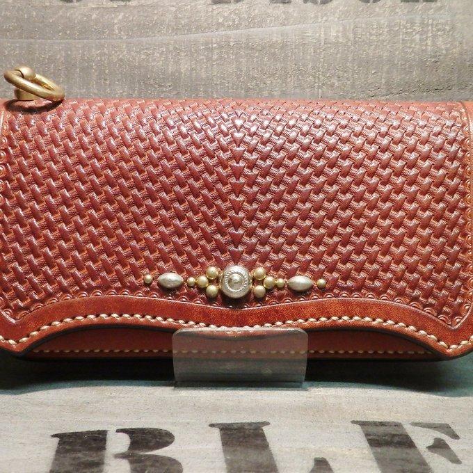 レザーウォレット サドルレザー バスケット柄 カゴ模様 手打ち 長財布