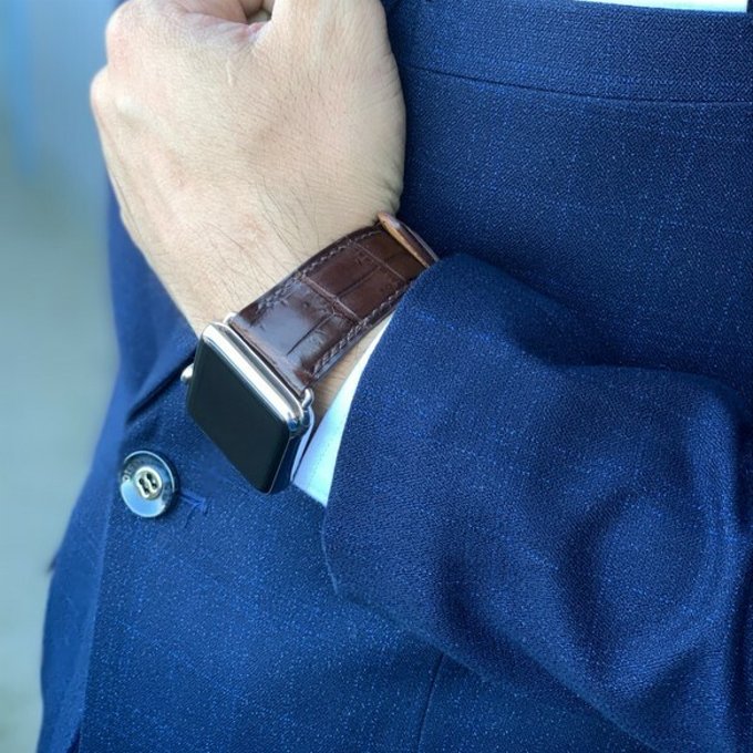 高級ワニ革使用Apple Watch クロコダイル革 ワニ革 バンド 時計ベルト ブラウン総手縫い製作 D54