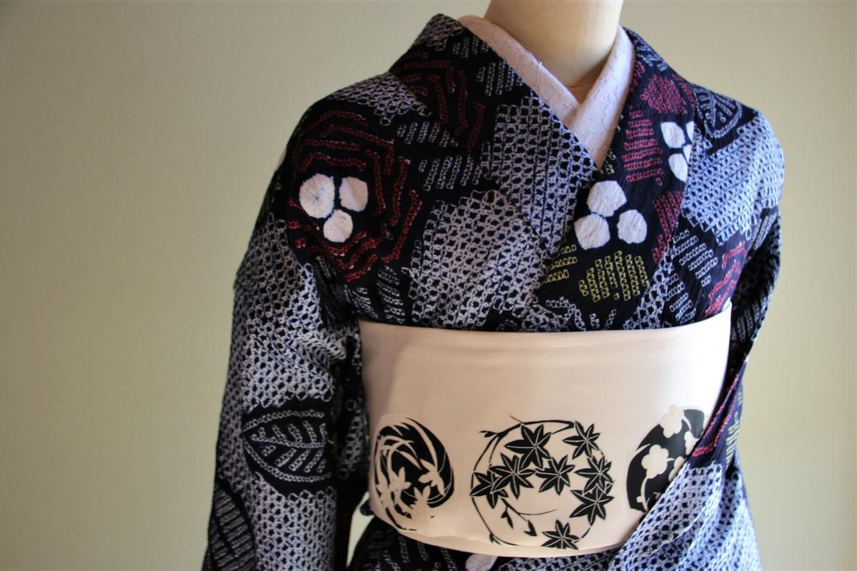 ◇有松鳴海絞り◇【濃紺黄赤】斜めにつながる花々の連鎖がきれい
