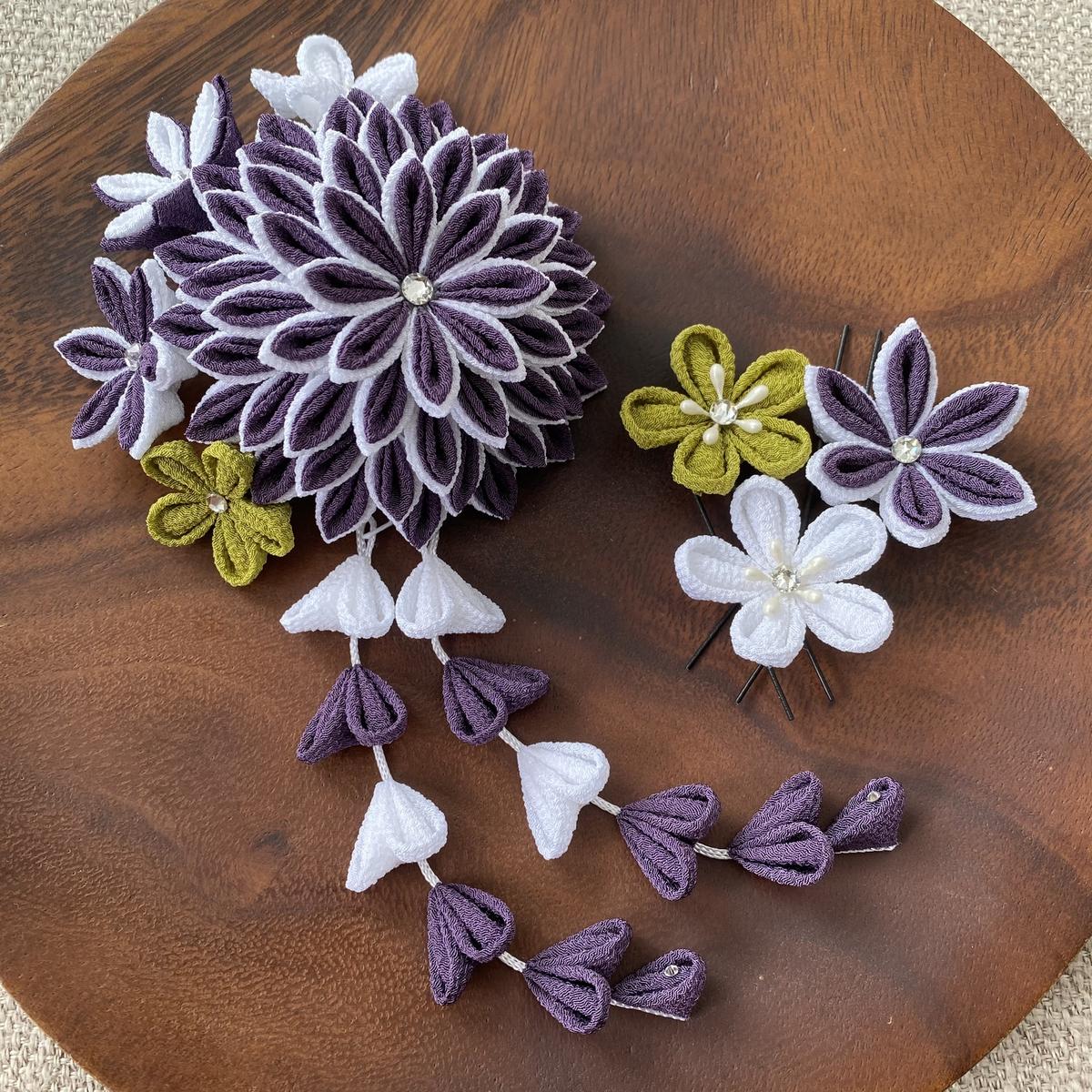 受注制作｟華やか二重剣菊の髪飾り｠つまみ細工 かんざし 簪 紫