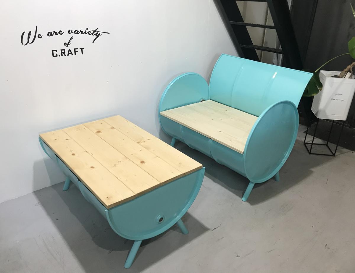 別荘ショールーム配置品/リメイクドラム缶をテーブル&ソファー(ベンチ