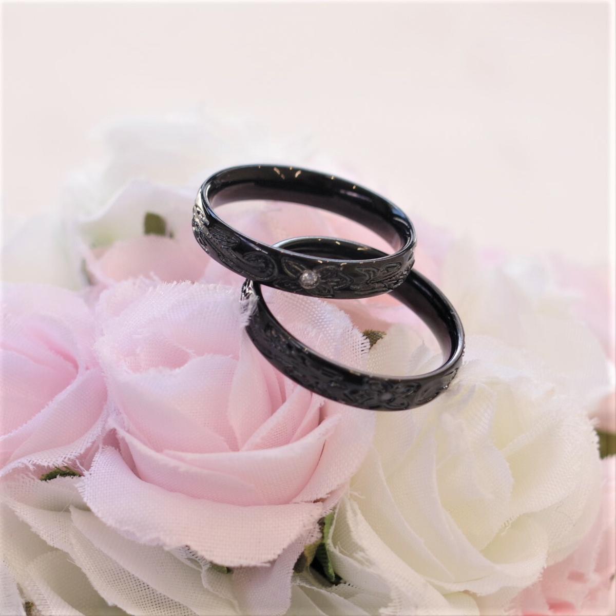 【新作・ブラックハワイアンペアリング】名入れ・刻印ができる ステンレスリング サージカル 結婚指輪 【2本ペア価格】