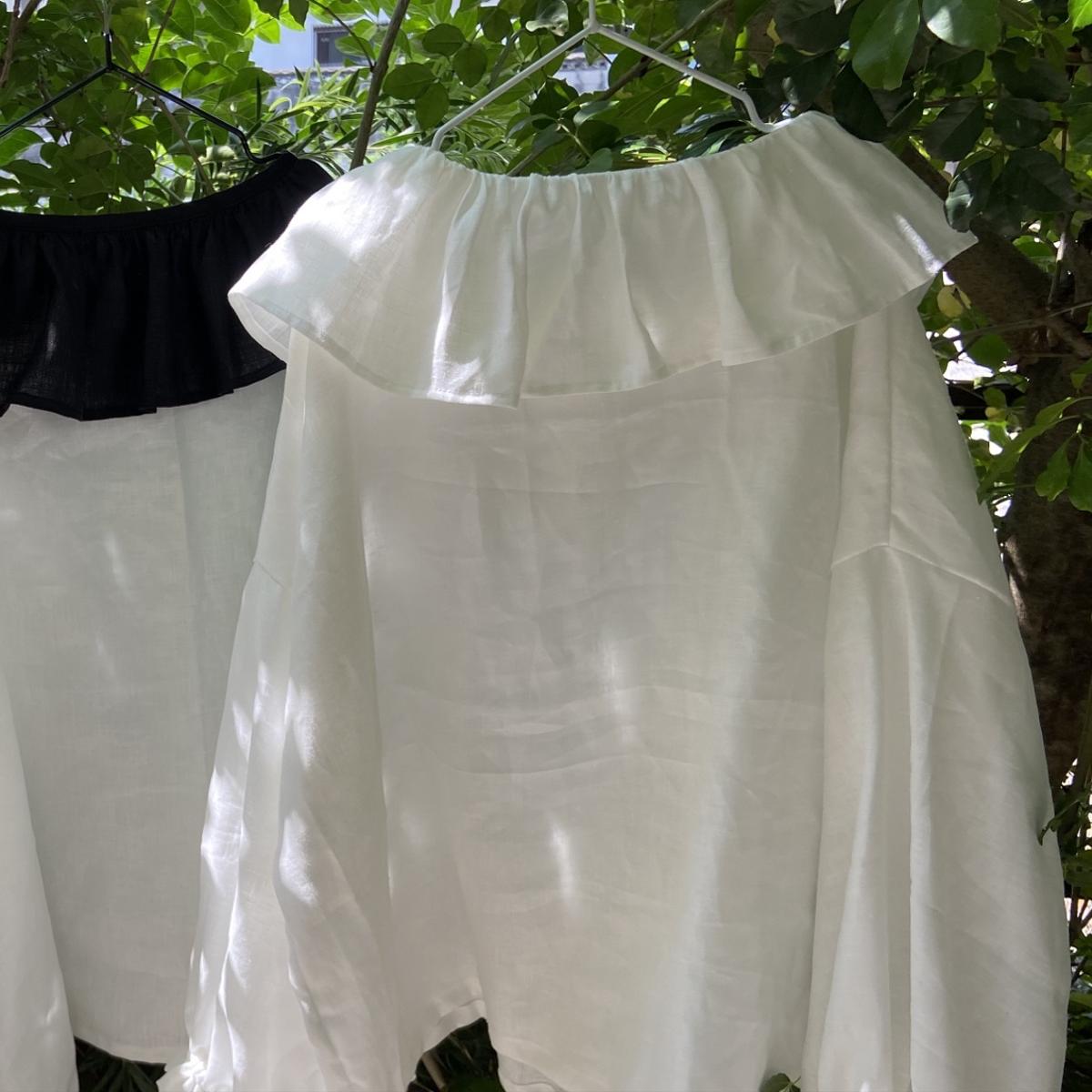最新の激安 白襟 リネンフリル襟ブラウス(9部袖) - シャツ・ブラウス 