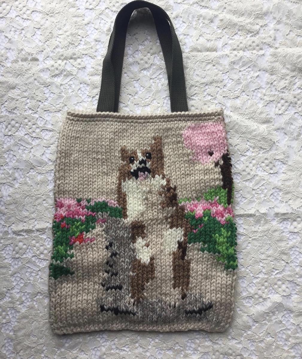 花とコーギー 編み込みバッグ