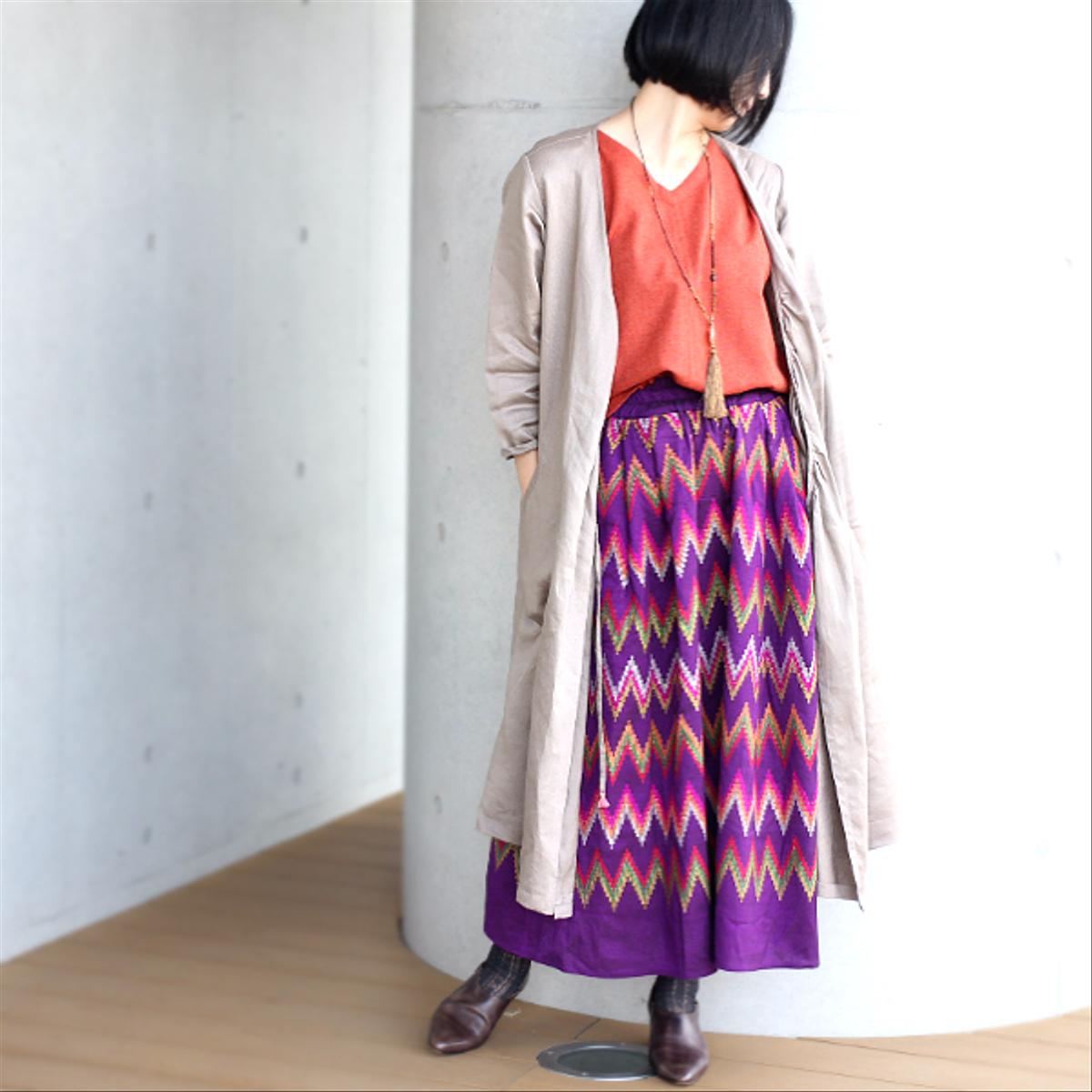 ミャンマーの手織り綿ギャザースカート【マンダレー】