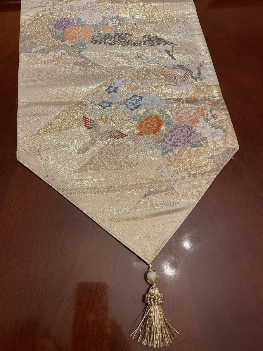 純金豪華刺繍正絹帯で作ったタッセル付春色テーブルランナー1309 | www