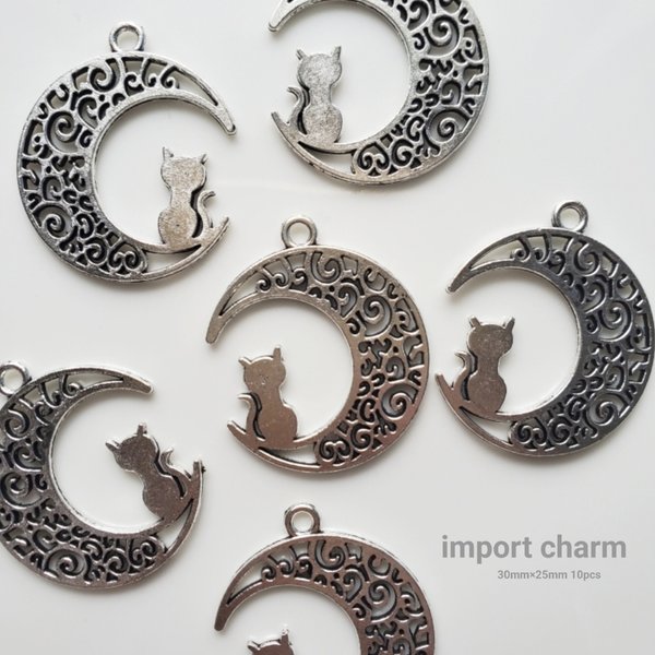 《10pcs》antique silver  猫と月 チャーム【Ch-1286】