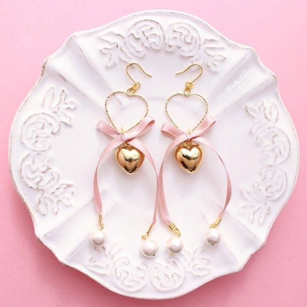 桜色リボン♡ゆめかわいい♡ガーリーハートリボンピアス/イヤリング R390