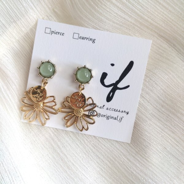 【green×flower】お花　フラワー　ナチュラル　シンプル　ゴールド　グリーン　ピアス　