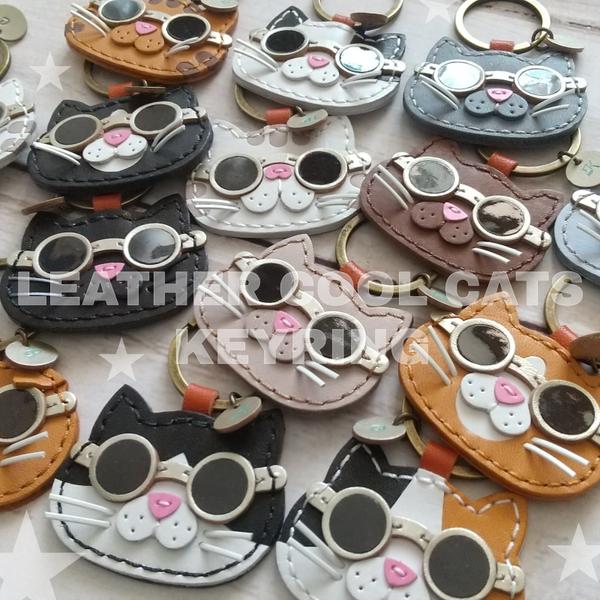 ✳LEATHER COOL CATS✳ サングラス猫 の レザー キーホルダー   キャットフェイス ＆ イニシャル