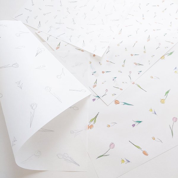 チューリップ 模様 薄紙 デザインペーパー A4サイズ 20枚入り かわいい 包装紙 ラッピングペーパー ギフト ホワイト 白色 花柄