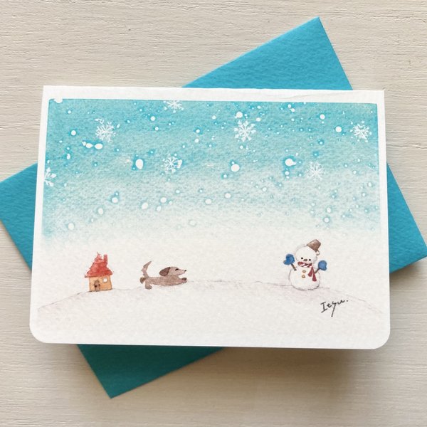 ☃️透明水彩画　2枚セット 「雪遊びが大好きなダックスフント　その2」イラストミニカード　クリスマス　クリスマスカード　バースデーカード 寒中見舞い🎄