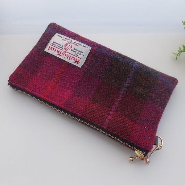 Harris Tweed ハリスツイード　&　チェコデザインビーズ　 中布内ポケット・カードポケット付き◆通帳ポーチ、ペンケースにも♪