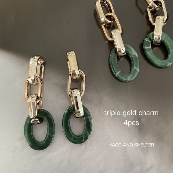 4pcs★triple gold chain・moss green（チェーンチャーム）