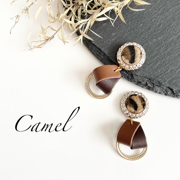 レオパード×2色レザーピアス／イヤリング　Camel