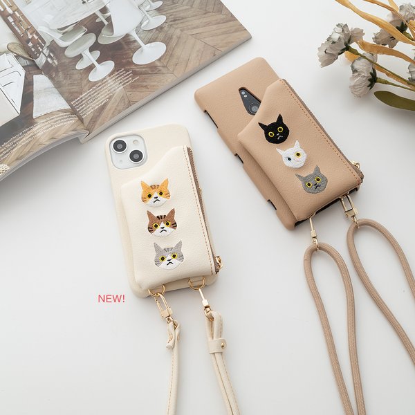 多機種対応 スマホケース 【 刺繍 まるっと貼り 付け替え ポーチ 3匹の猫 】スマホショルダー 猫 手ぶら A188I