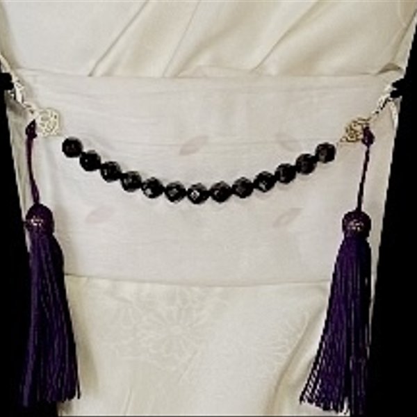 〈羽織り紐〉ユニセックス　古代紫　ラグジュアリー　オニキス　正絹　髪飾り　クール