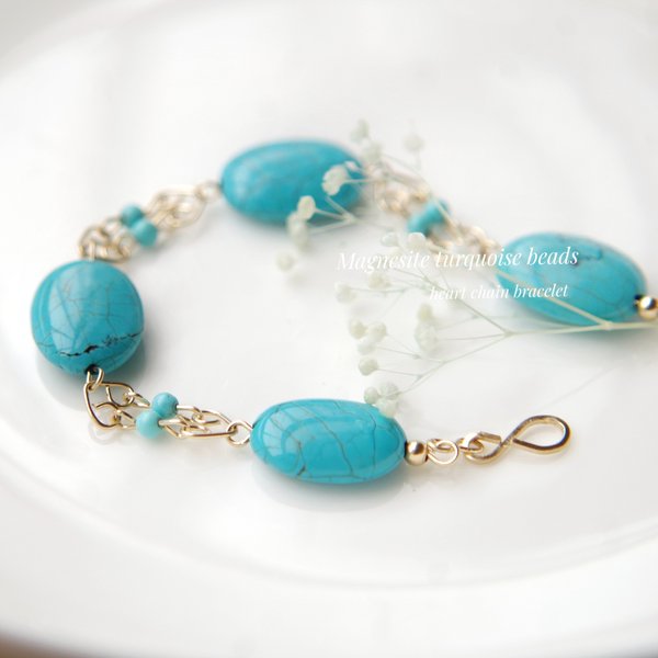 再販/Magnesite turquoise beads/ハートチェーンブレスレット