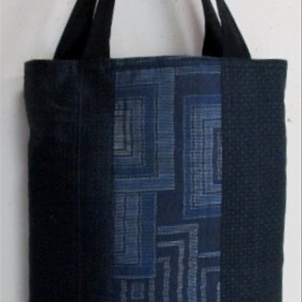 ７５３１　藍大島紬の着物で作った手提げ袋　＃送料無料