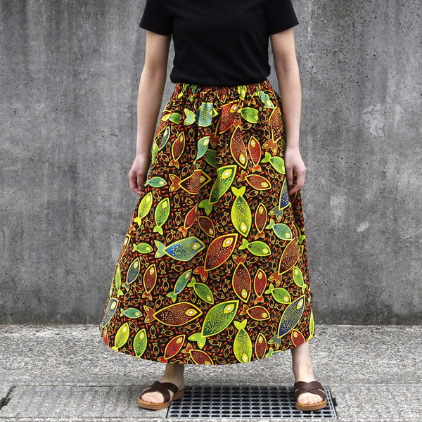【受注制作】アフリカ布のギャザースカート （ 魚 ） アフリカンプリント アフリカンファブリック