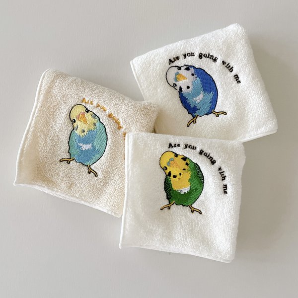 一緒に行くでしょ？首傾げセキセイインコさんの今治タオルハンカチ☆ミシン刺繍ハンカチ