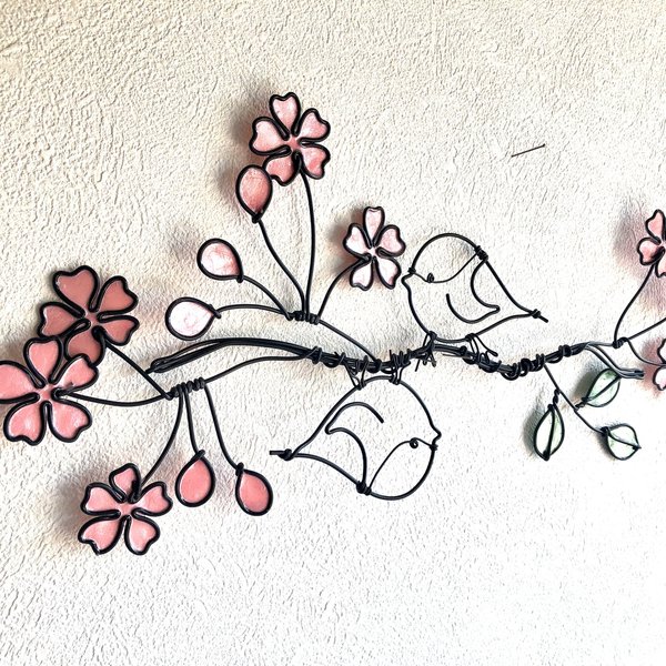 ＊ 桜と小鳥さん ＊　ピンクフラワー　ワイヤーアート　壁飾り