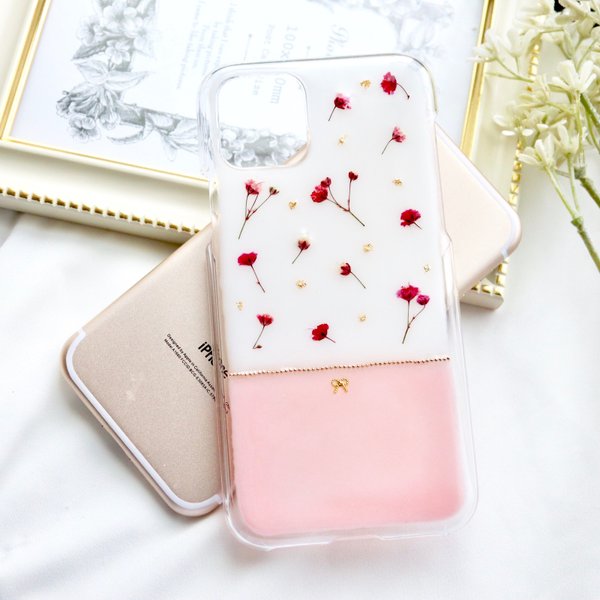 strawberry milk 押し花iPhoneケースiPhone13 iPhone12 SE2 スマホケース いちご Android Galaxy Xperia シンプル クリア 全機種　韓国