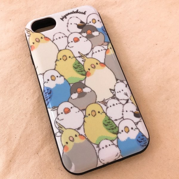 iPhone用カードスライドケース　シマエナガのインコと文鳥がいっぱい